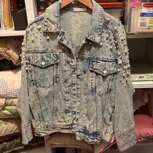 Stitch and feather Light Blue Pearl Embellished Jean Jacket